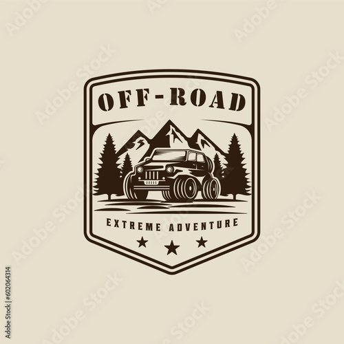 off road car logo vintage vector illustration template icon graphic design. vehicle for adventure outdoor with mountain and pine tree landscape sign or symbol with retro typography with badge