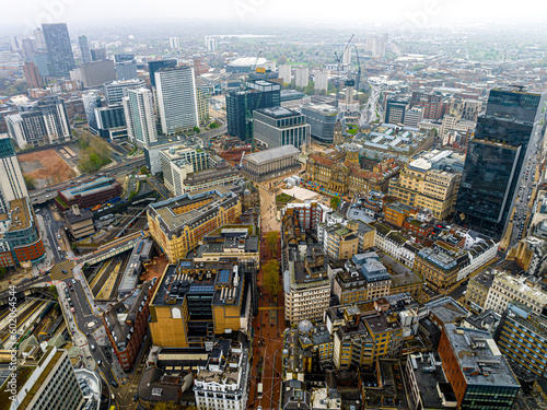 Aerial view of Birmingham  a major city in England   s West Midlands region  with multiple Industrial Revolution-era landmarks