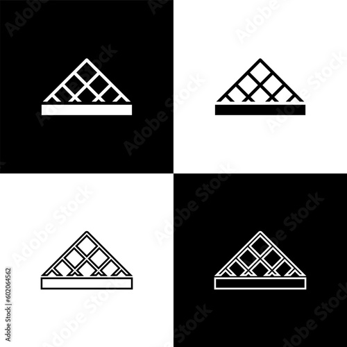 Set Louvre glass pyramid icon isolated on black and white background. Louvre museum. Vector