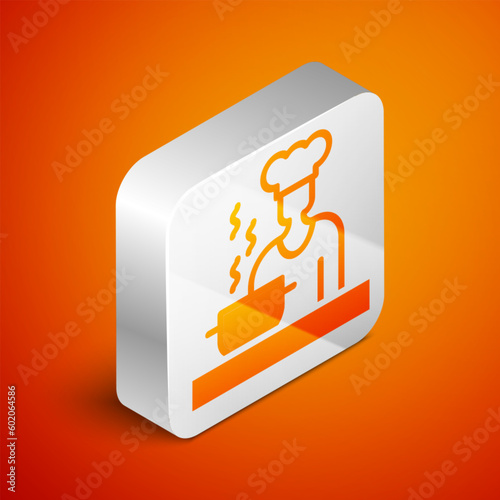 Isometric Spanish cook icon isolated on orange background. Silver square button. Vector