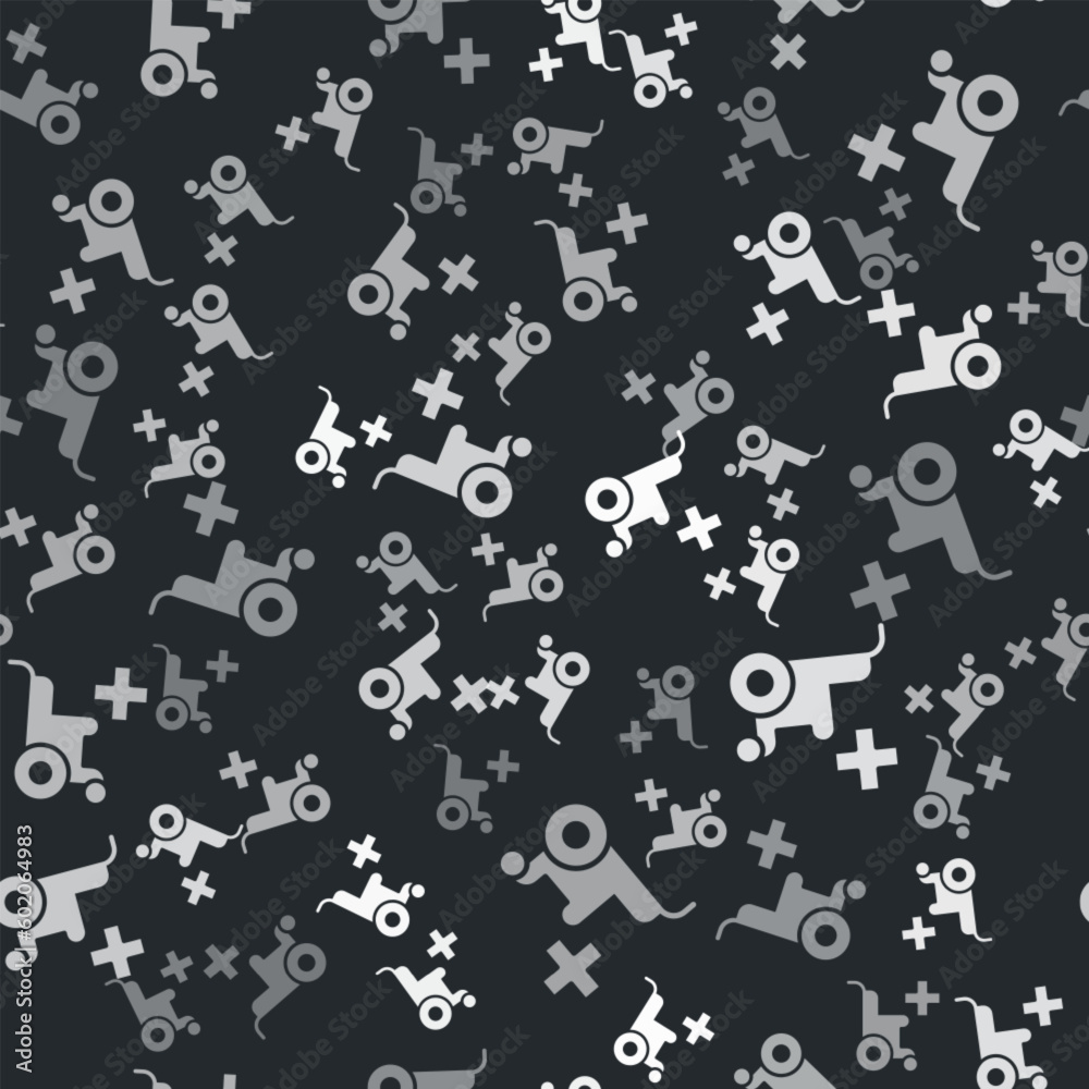 Grey Wheelchair for disabled person icon isolated seamless pattern on black background. Vector