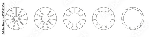 Wheels round divided in ten sections. Outline donut charts or pies segmented on 11 equal parts. Diagrams infographic set. Circle section graph line art. Pie chart icons. Geometric vector elements.