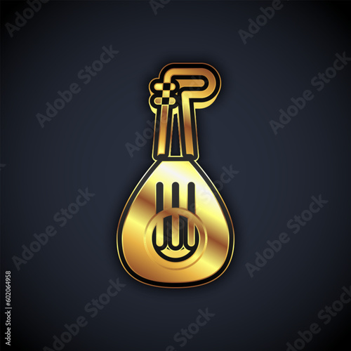 Gold Musical instrument lute icon isolated on black background. Arabic, Oriental, Greek music instrument. Vector