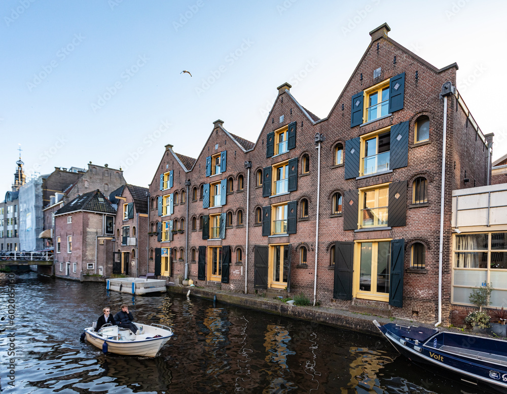 Traditional Dutch houses with shutters over the canal, Alkmaar