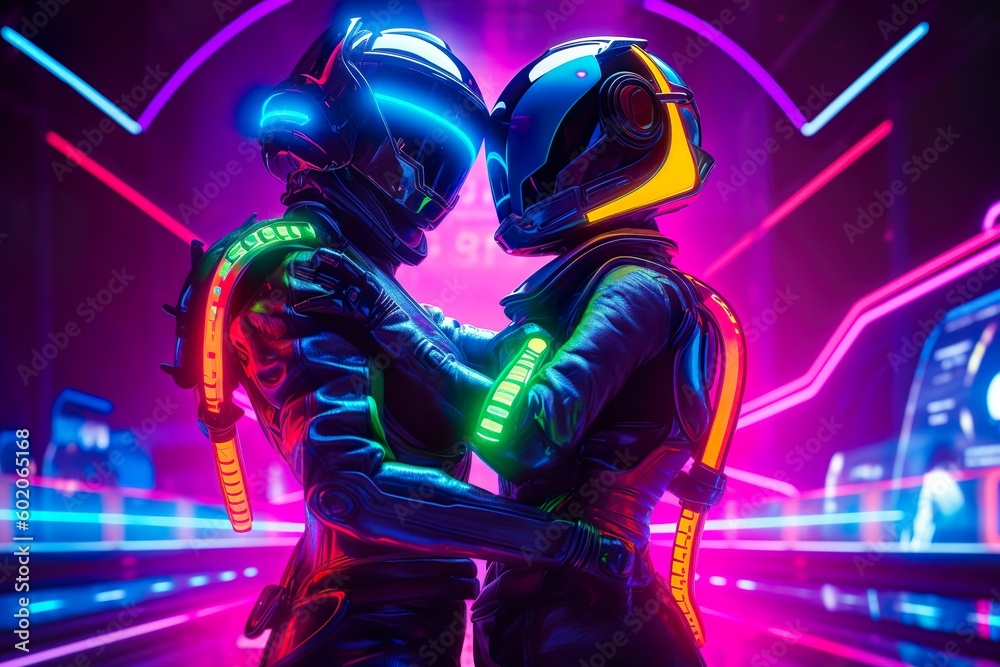 Cosmic Conversations: Vibrant Neon Depiction of an Astronaut and Alien in a Mysterious Landscape Cosmic Conversations: Vibrant Neon Depiction of an Astronaut and Alien in a Mysterious Landscape