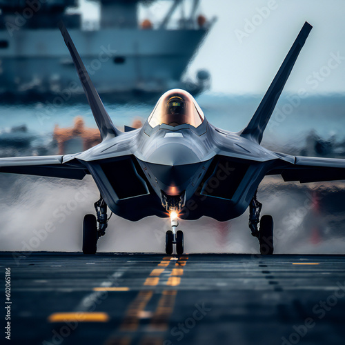 A fighter plane is taking off from an aircraft carrier Fototapet