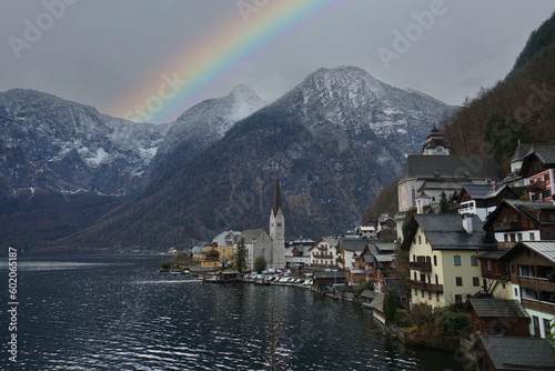 Stunning view of Hallstatt village with beautiful rainbow.