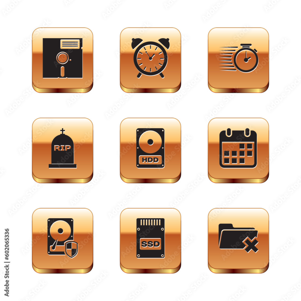 Set Floppy disk in the 5.25-inch, Hard drive HDD protection, SSD card, , Tombstone with RIP written and Stopwatch icon. Vector Set Floppy disk in the 5.25-inch, Hard drive HDD protection, SSD card, , Tombstone with RIP written and Stopwatch icon. Vector