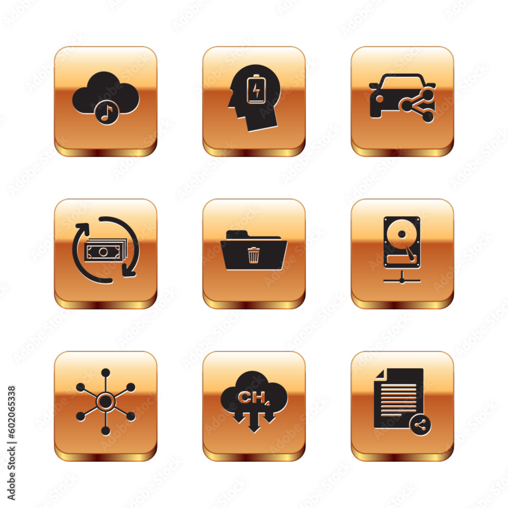Set Music streaming service, Network, Methane emissions reduction, Delete folder, Refund money and Car sharing icon. Vector Set Music streaming service, Network, Methane emissions reduction, Delete folder, Refund money and Car sharing icon. Vector