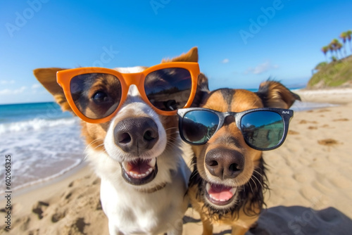 Sunglass-wearing dogs take selfies on beach – humorous concept, generative Ai © Ash
