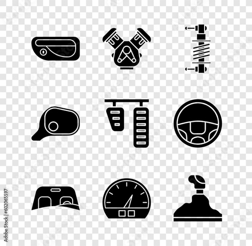 Set Car door handle, engine, Shock absorber, windscreen, Speedometer, Gear shifter, mirror and gas brake pedals icon. Vector
