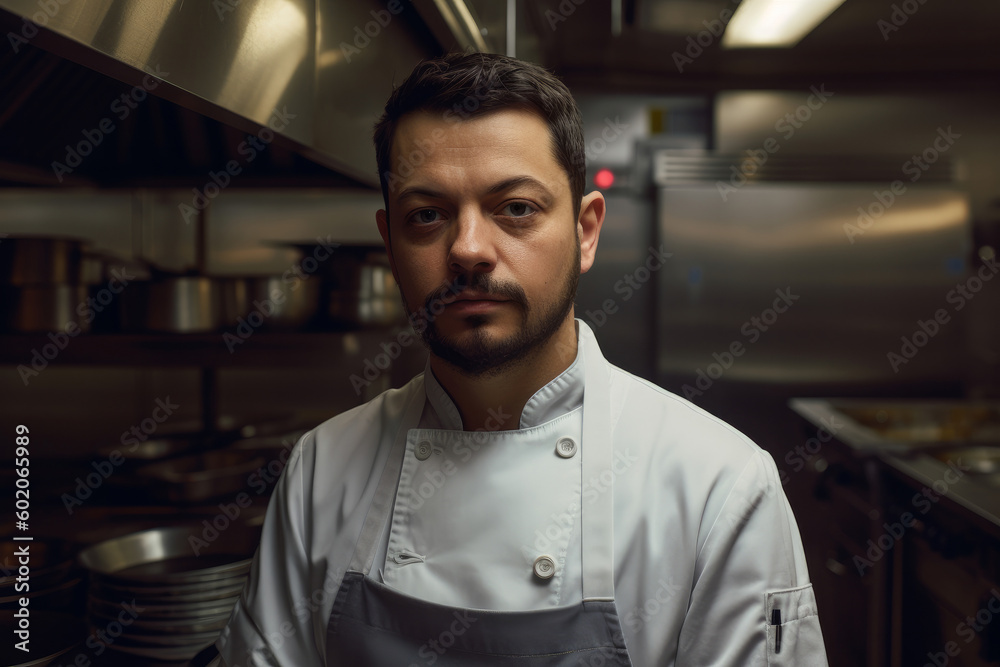 Portrait of a caucasian male chef working in a professional kitchen. Generative ai Portrait of a caucasian male chef working in a professional kitchen. Generative ai