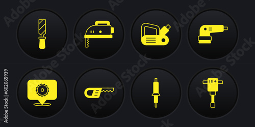 Set Circular saw blade, Electric sander, Reciprocating, Soldering iron, planer tool, jigsaw, Construction jackhammer and Rasp metal file icon. Vector