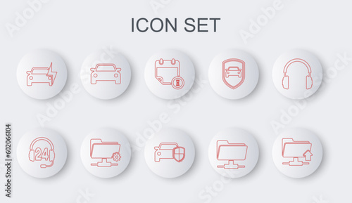 Set line FTP folder upload, Headphone for support, Calendar and clock, Electric car, Car, settings and protection insurance icon. Vector