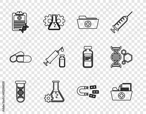 Set line DNA research, search, Health record folder, Bioengineering, Clipboard with analysis, Medical syringe and vial, Magnet money and Genetic icon. Vector