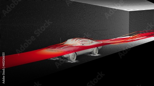 CFD simulation of an oldschool vintage american car - front view of the velocity streamlines colored in red photo