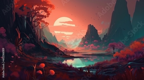 Alien planet with exotic flora and fauna. Fantasy concept , Illustration painting. Generative AI