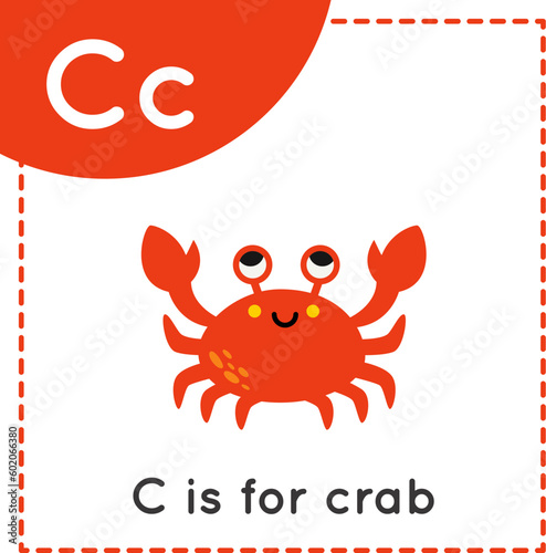 Learning English alphabet for kids. Letter C. Cute cartoon crab.