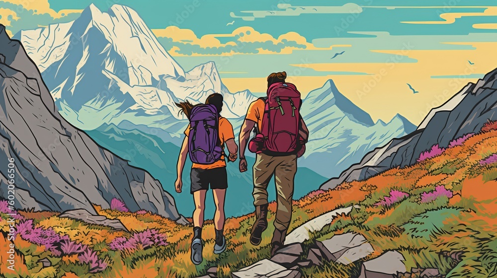 An adventurous couple hiking through a mountain range. Fantasy concept , Illustration painting. Generative AI An adventurous couple hiking through a mountain range. Fantasy concept , Illustration painting. Generative AI
