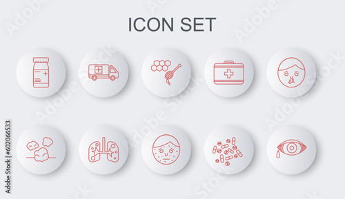 Set line Reddish eye allergic conjunctivitis, Dust, Honeycomb with honey dipper, Medicine pill or tablet, bottle and pills, Emergency car, Lungs and Face psoriasis eczema icon. Vector