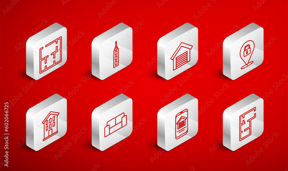 Set line House plan, Skyscraper, Garage, Location lock, Online real estate house, Sofa and icon. Vector