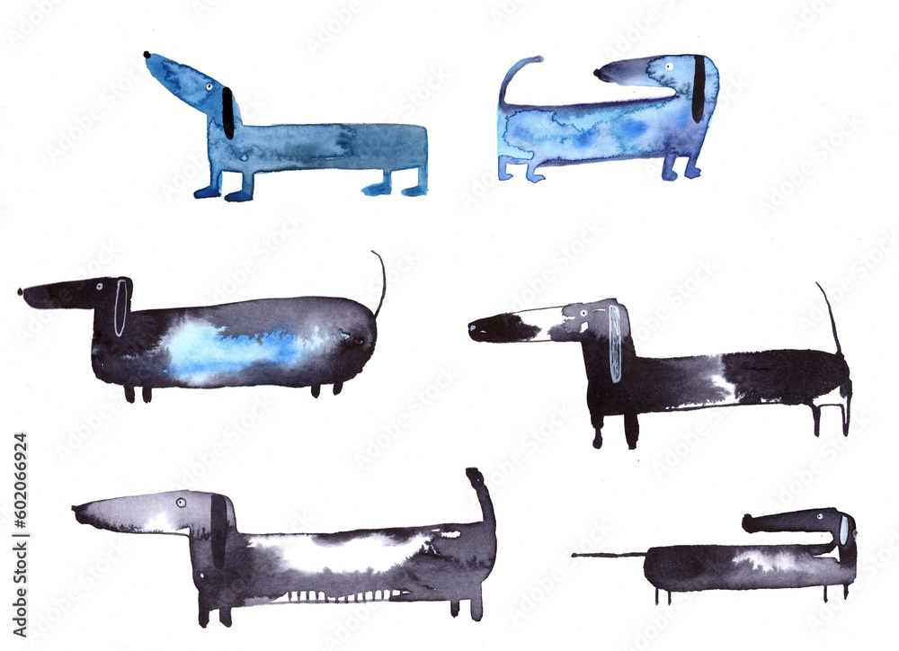 Fototapeta premium artistic watercolor of funny little dogs. Dachshund with long ears in different positions. Dog sitting, crouching, standing, long, black. Children's ink illustration of dachshunds on a white backgroun