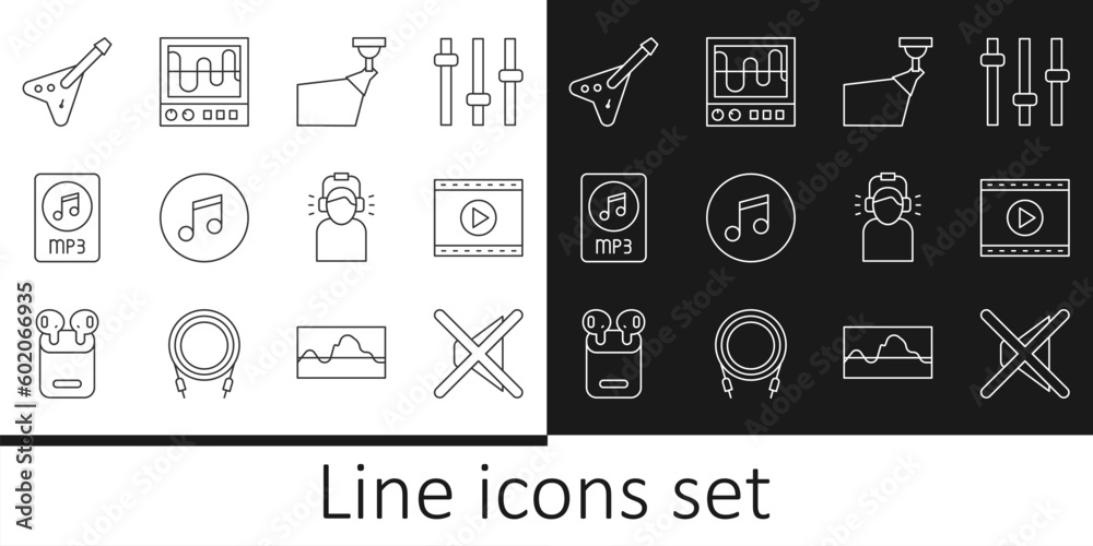 Set line Speaker mute, Online play video, Movie spotlight, Music note, tone, MP3 file document, Electric bass guitar, Man headphones and Oscilloscope icon. Vector