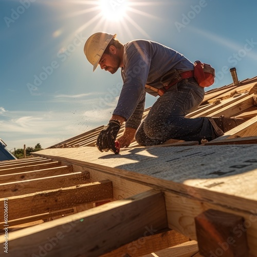 Construction worker on the roof  Roofer carpenter with safety hardhat working on roof structure  Generative AI