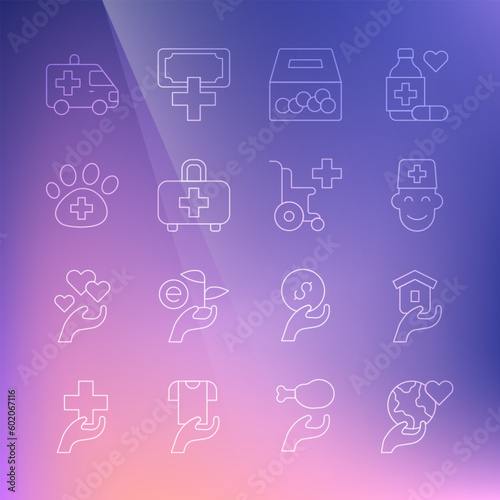 Set line Hand holding Earth globe  Shelter for homeless  Male doctor  Donation charity  First aid kit  Veterinary clinic  Ambulance car and Wheelchair disabled person icon. Vector
