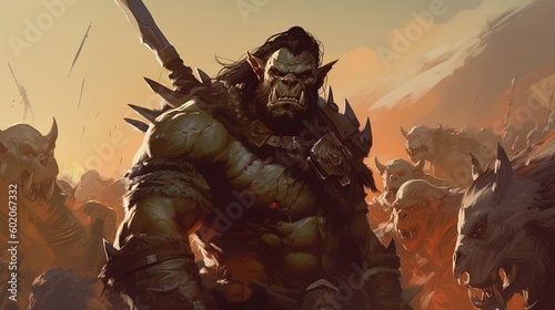 An orc warlord leading his troops into battle on a sci-fi battlefield. Fantasy concept , Illustration painting. Generative AI photo