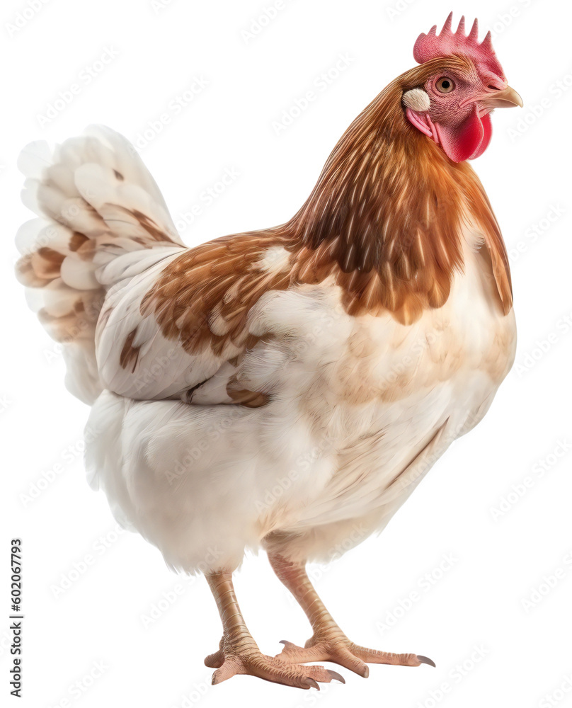 Neat, cute chicken with delicate plumage. The chicken is standing still. Isolated on transparent background. KI.