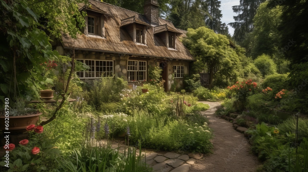 A cozy cottage surrounded by a beautiful sprawling garden.