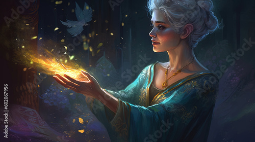 Fairy godmother granting a wish. Fantasy concept , Illustration painting. Generative AI