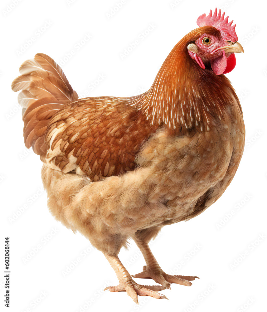 Fototapeta premium A regular, farm chicken of brown color. Isolated on transparent background. KI.