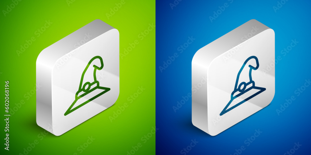 Isometric line Witch hat icon isolated on green and blue background. Happy Halloween party. Silver square button. Vector Isometric line Witch hat icon isolated on green and blue background. Happy Halloween party. Silver square button. Vector