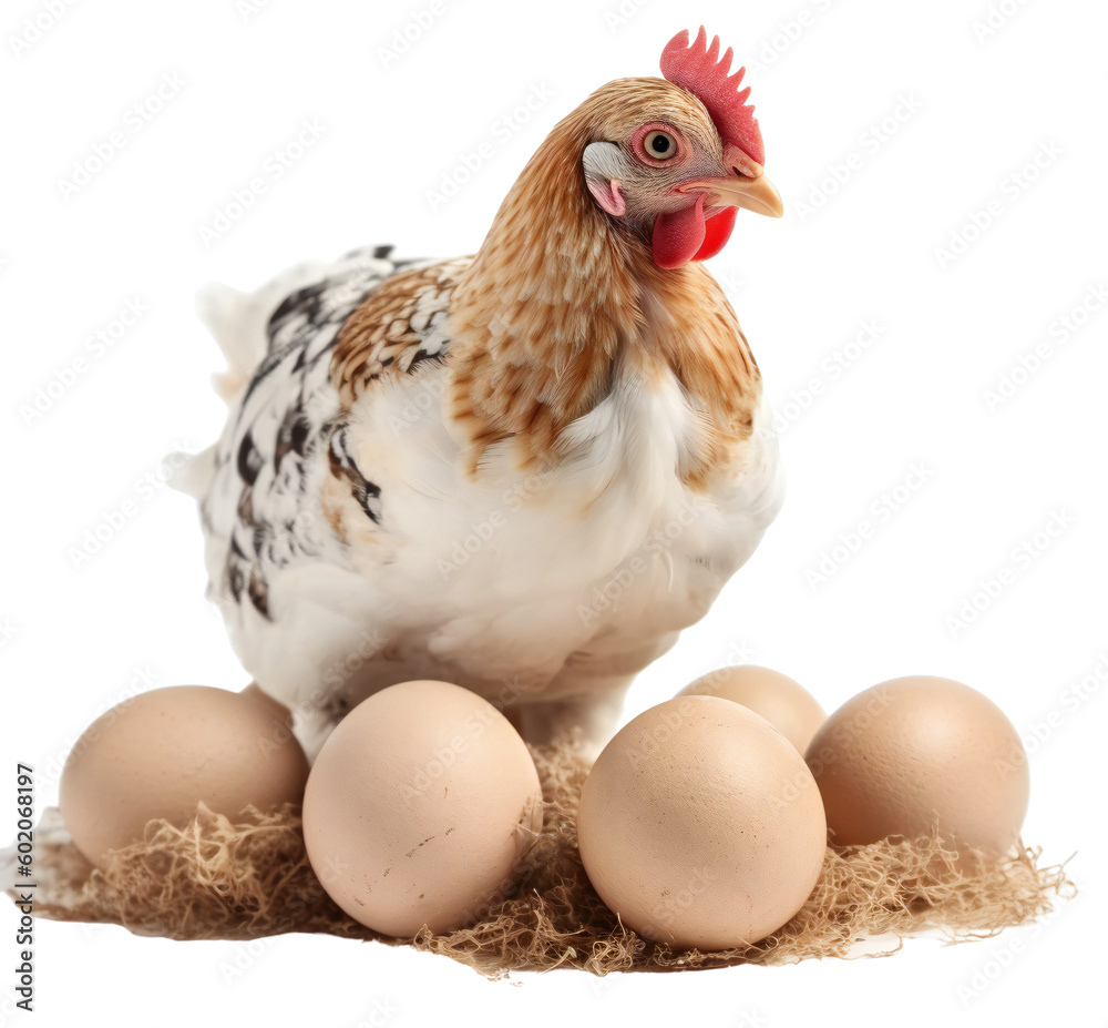 A caring chicken sitting on a nest with eggs. The chicken has soft and fluffy feathers. A symbol of abundance and vitality. Isolated on transparent background. KI. - obrazy, fototapety, plakaty 