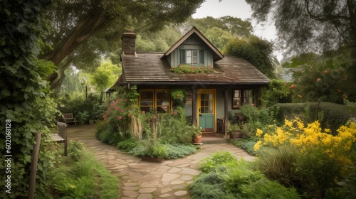 A cozy cottage surrounded by a beautiful sprawling garden.