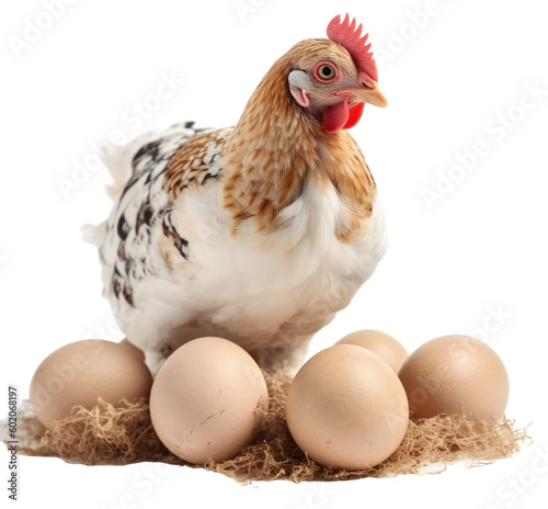 Foto A caring chicken sitting on a nest with eggs