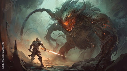 Cyborg warrior battling a monster. Fantasy concept , Illustration painting. Generative AI