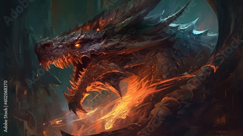 Dragon breathing fire. Fantasy concept , Illustration painting. Generative AI