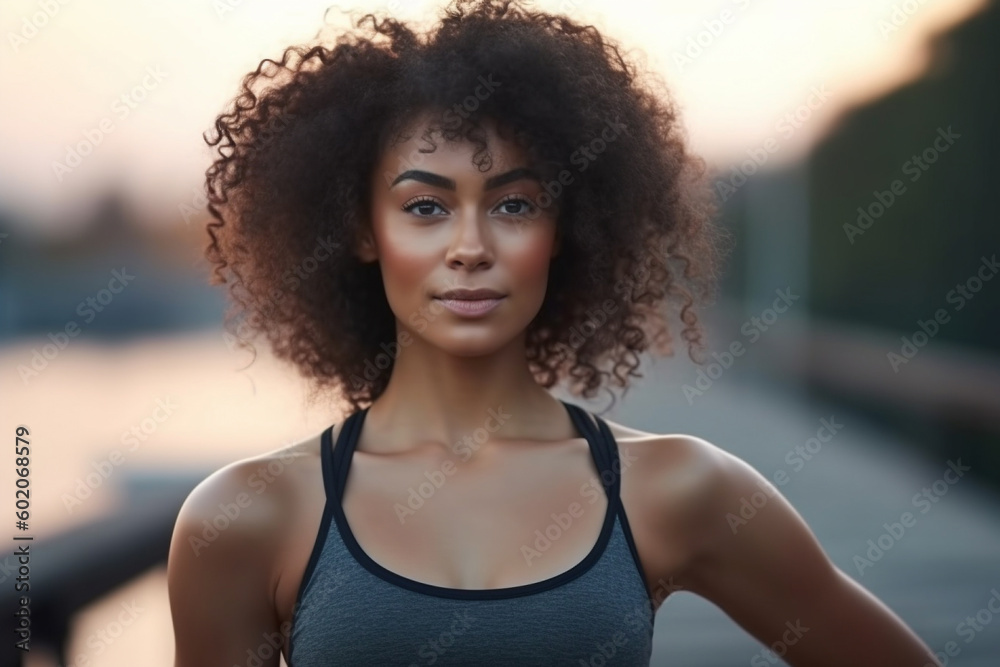 Portrait Afro-American sporty woman training outdoors. Generative AI Portrait Afro-American sporty woman training outdoors. Generative AI