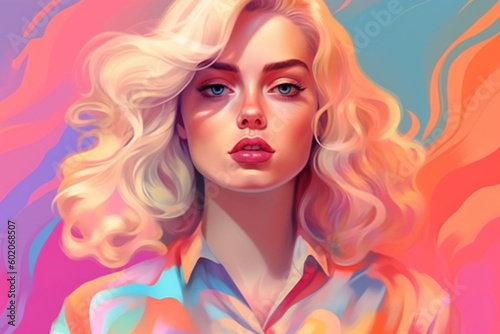 illustration fashion portrait of a blonde model o colorful vibrant pastel background posing on camera, Generative Ai
