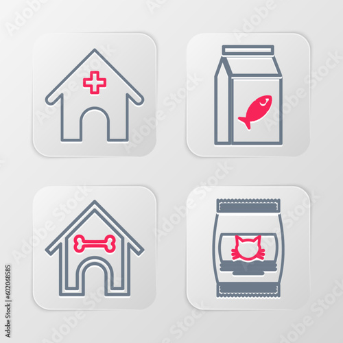 Set line Bag of food for cat, Dog house and bone, and Veterinary medicine hospital icon. Vector