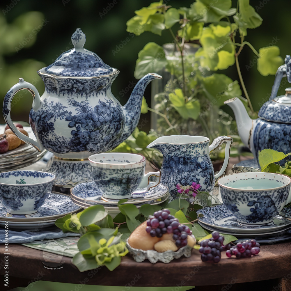 table contains a tea set plants flowers garden Generative AI table contains a tea set plants flowers garden Generative AI