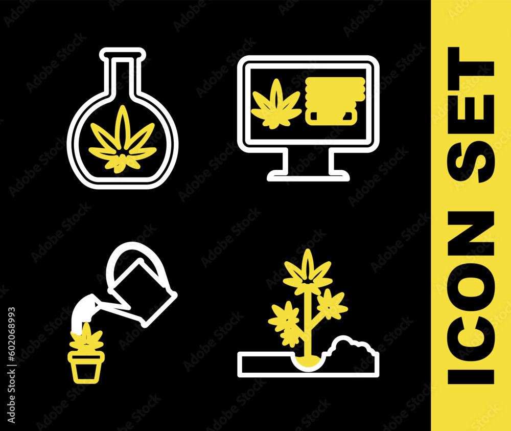 Set line Online buying marijuana, Planting, Watering can and Test tube with icon. Vector