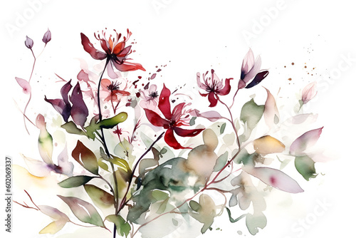 Watercolor art background. Wallpaper design of floral composition. AI botanical illustration for Valentines day Cards, Wedding invitation, Covers, Poster & textile, greetings, fabric, print.