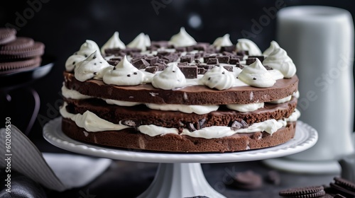 Chocolate biscuit cake with cream icing on stand