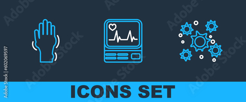 Set line Bacteria, Hand with psoriasis or eczema and Monitor cardiogram icon. Vector
