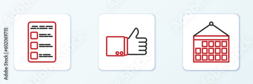 Set line Calendar, Create account screen on mobile and Hand thumb up icon. Vector