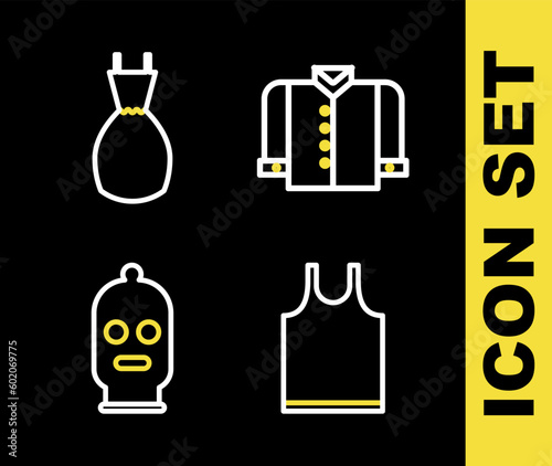 Set line T-shirt, Sleeveless, Balaclava and Woman dress icon. Vector